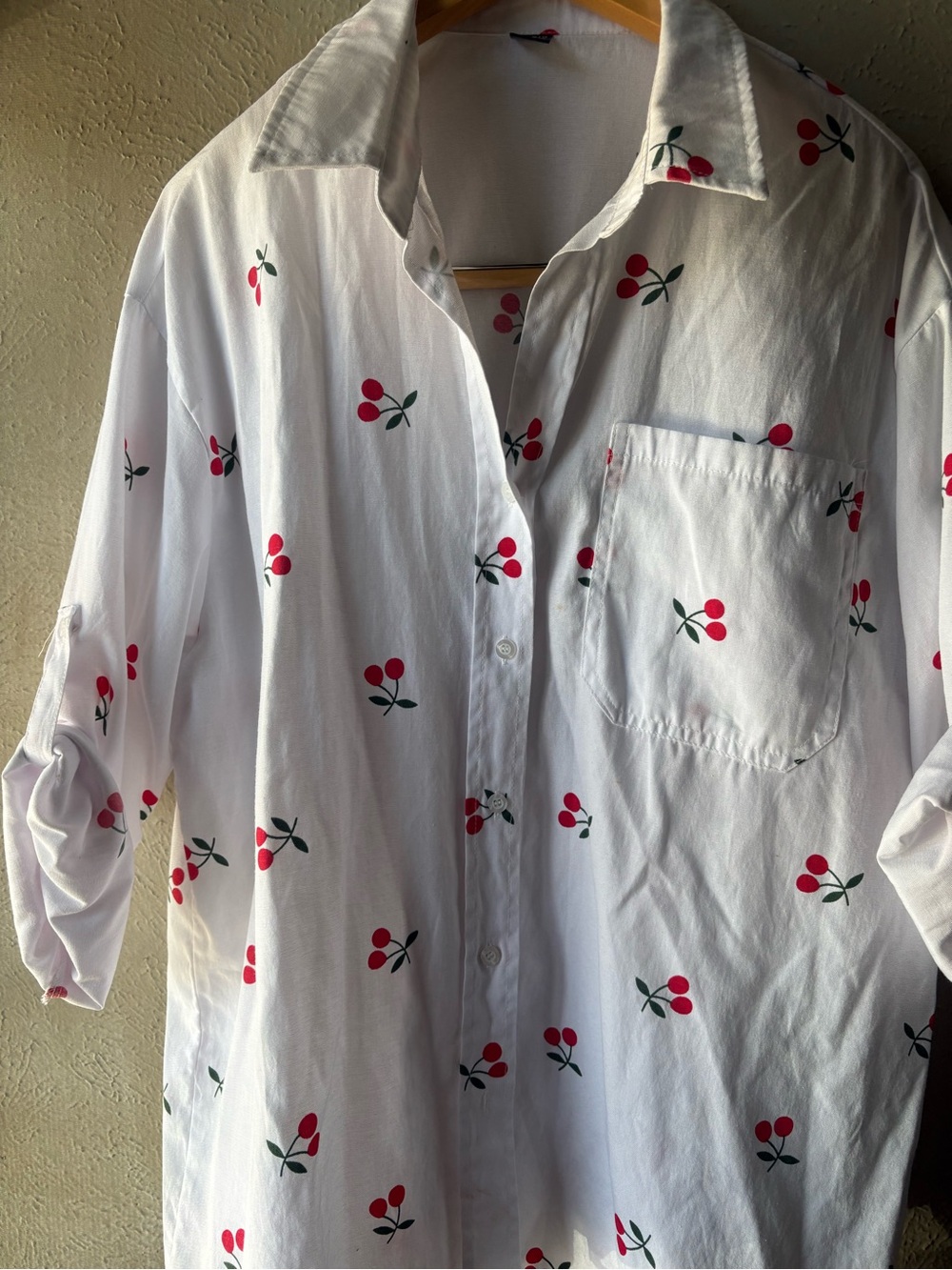 SHEIN White Button-Down Shirt with Red Cherry Print